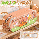 Pu Double-Layer Large-Capacity Pencil Case with Cartoon Capybara Theme, Pencil Box for Primary and Secondary School Students, Stationery Storage Bag with Compartments