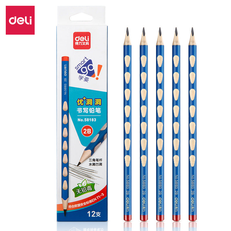 Deli elementary school student non-toxic hole pencil first grade kindergarten hb thick rod 2b hole pen triangle Rod wholesale