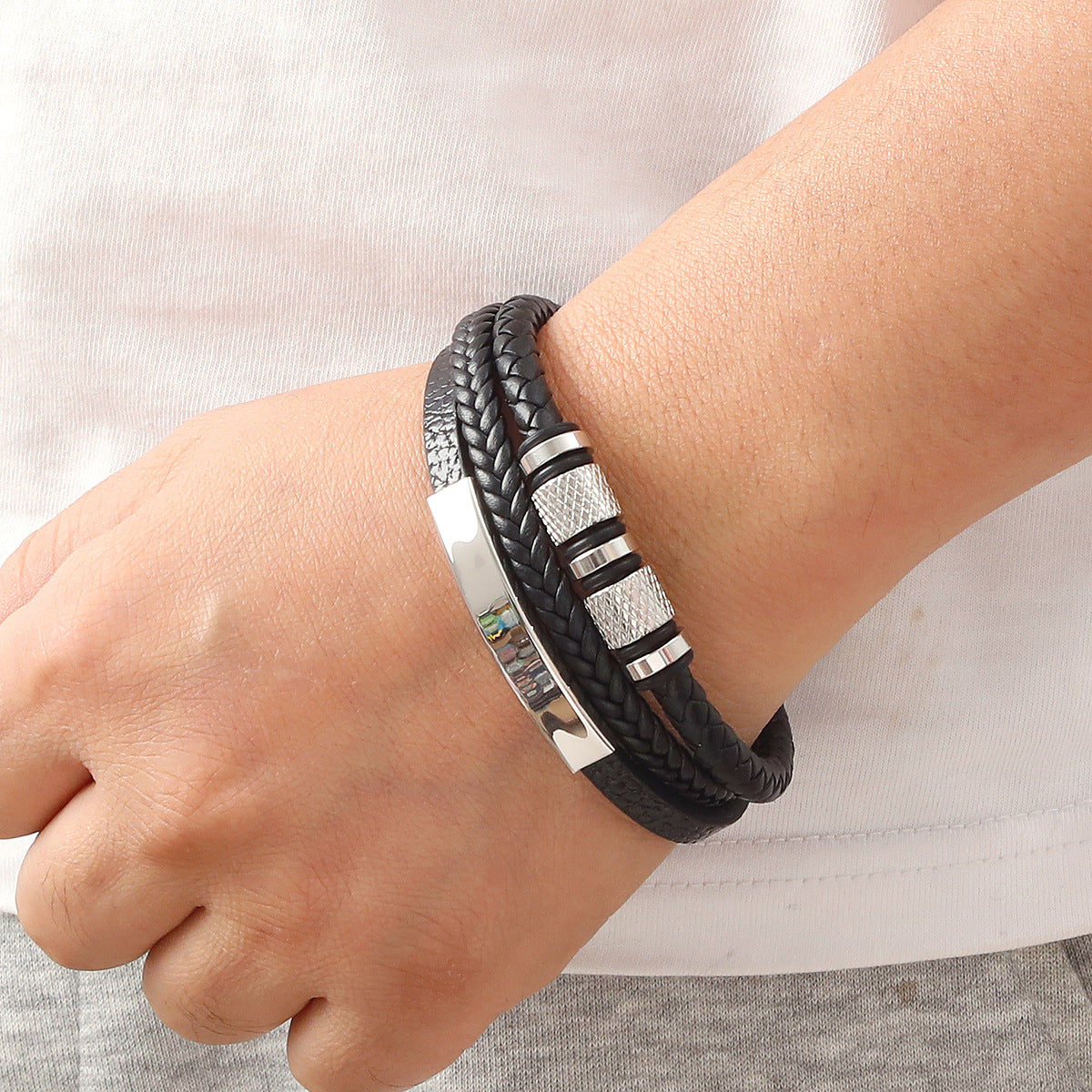 Europe and the United States cross-border best-selling geometric multi-layer hand-woven leather bracelet fashion men's alloy magnet buckle bracelet