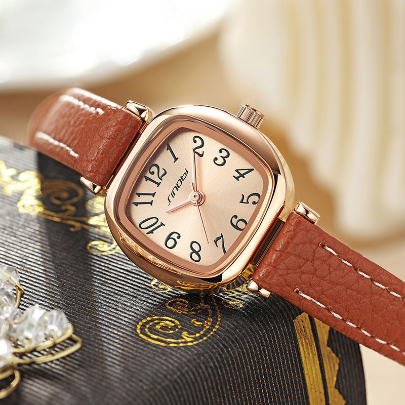 Sinobi Women's Leather Strap Square Watch – Retro Quartz Timepiece