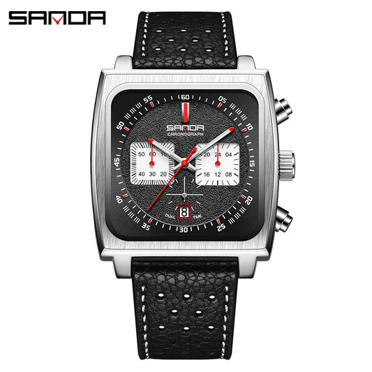 Sanda Men’s Square Quartz Watch – Luminous Calendar Leather Strap Business Wristwatch