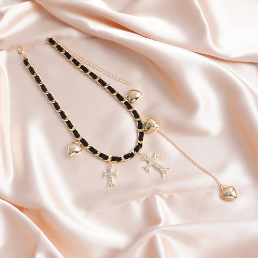 Cross Heart Pendant Necklace – Elegant Gold & Silver Clavicle Chain for Women