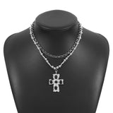 Exaggerated Cross Pendant Necklace – Rhinestone Layered Chain Jewelry for Women