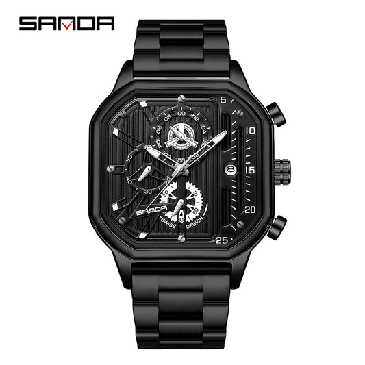 SANDA Men's Stainless Steel Square Quartz Watch – Multifunction Calendar Waterproof Timepiece