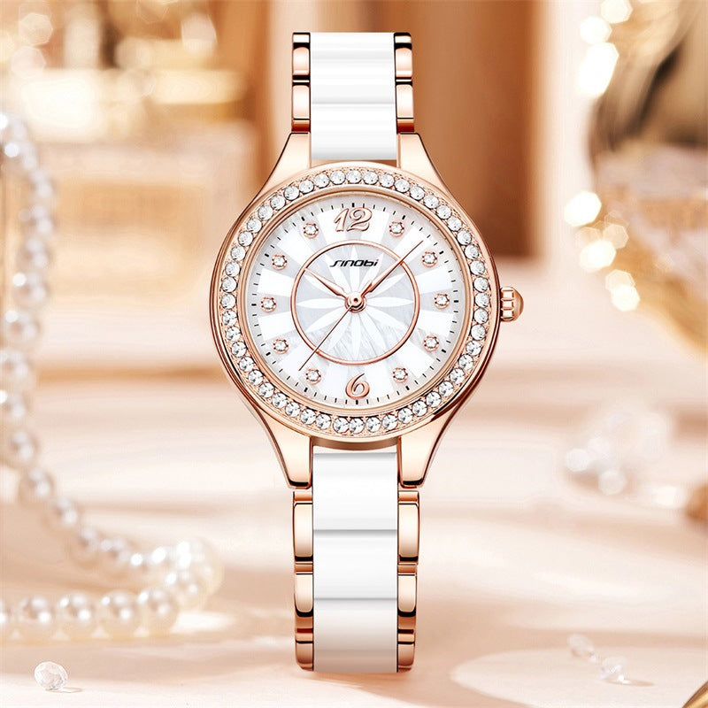 Sinobi Women's Diamond Quartz Watch – Mother-of-Pearl Dial, Waterproof Alloy Strap