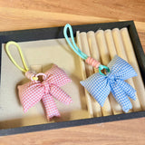 Korean Ins Style Simple Blue and Pink Plaid Bow Accessories Keychain Cute and Sweet High-End Bag Pendant