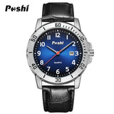 POSHI Men's Leather Strap Watch – Waterproof Quartz, Date Display, Luminous Dial