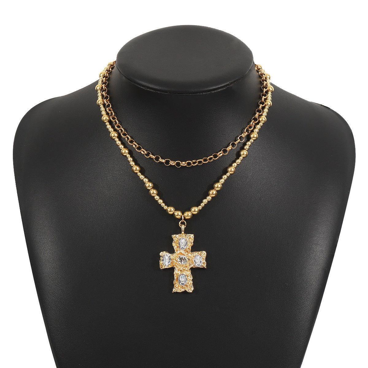 Exaggerated Cross Pendant Necklace – Rhinestone Layered Chain Jewelry for Women