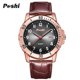 POSHI Men's Leather Strap Watch – Waterproof Quartz, Date Display, Luminous Dial