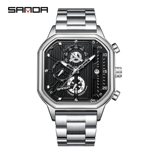 SANDA Men's Stainless Steel Square Quartz Watch – Multifunction Calendar Waterproof Timepiece