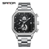 SANDA Men's Stainless Steel Square Quartz Watch – Multifunction Calendar Waterproof Timepiece
