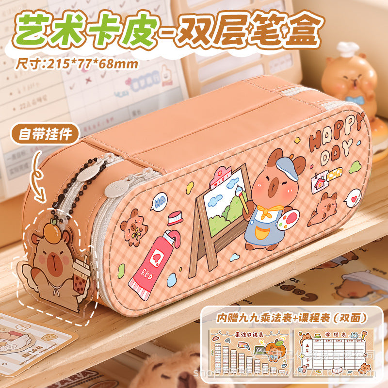 Pu Double-Layer Large-Capacity Pencil Case with Cartoon Capybara Theme, Pencil Box for Primary and Secondary School Students, Stationery Storage Bag with Compartments