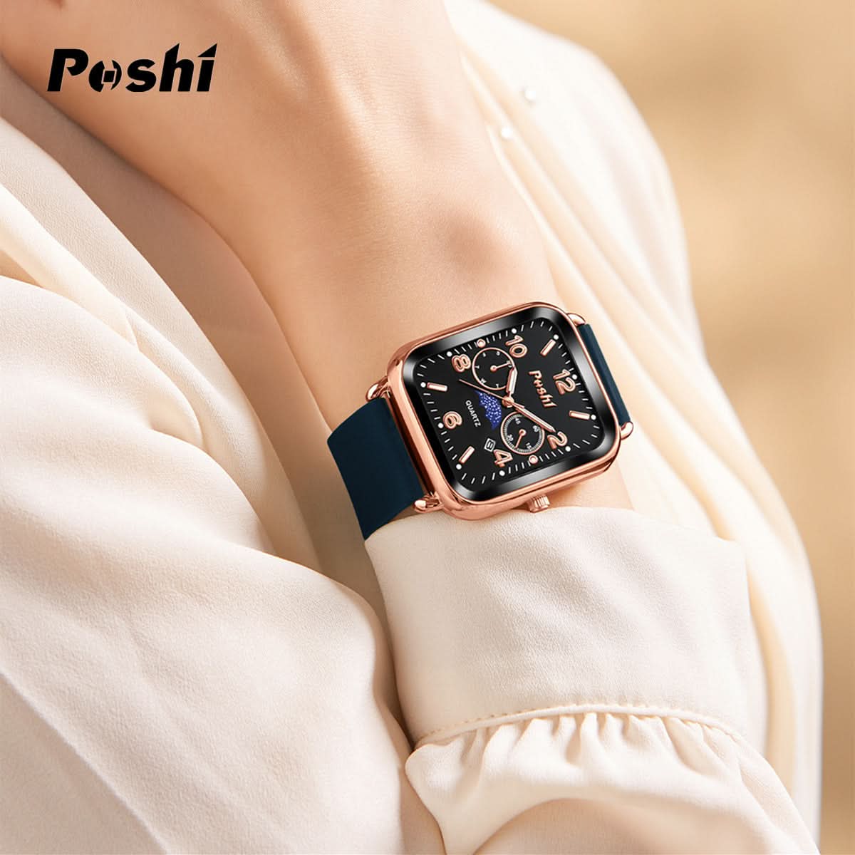 POSHI Men's Square Quartz Watch with Silicone Strap