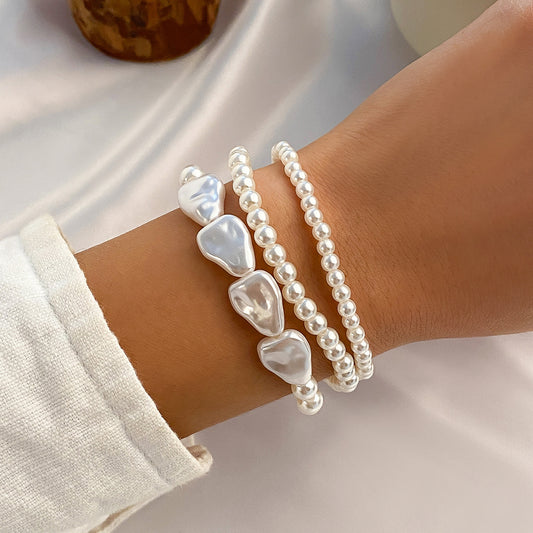 Triple-Layer Heart Pearl Bracelet – French Retro Imitation Pearl Jewelry for Women