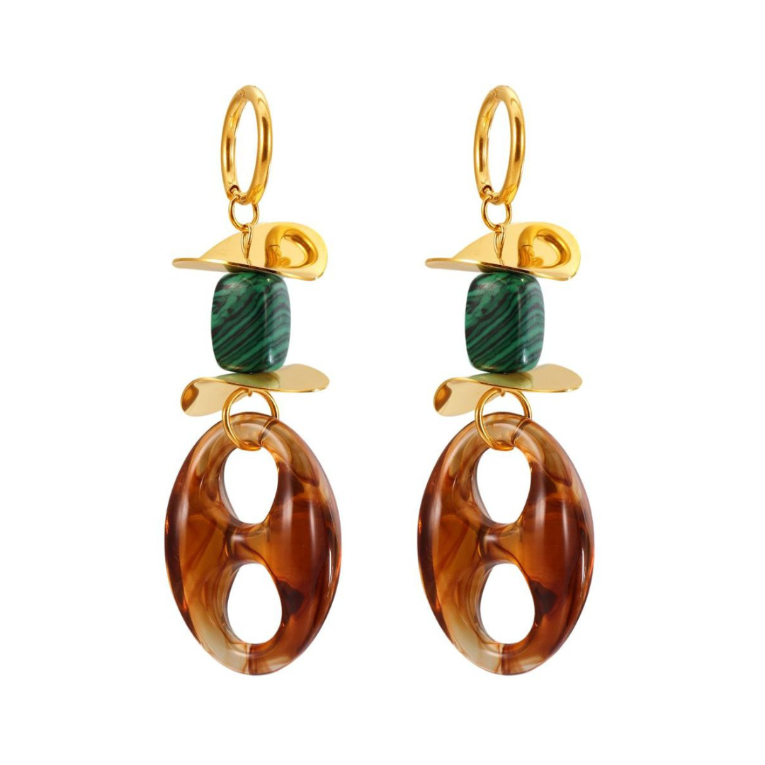 Turquoise Geometric Resin Earrings – Trendy Stainless Steel Chain Design for Women