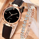 2pcs Women's Casual Round Quartz Watch & Rhinestone Bracelet Set