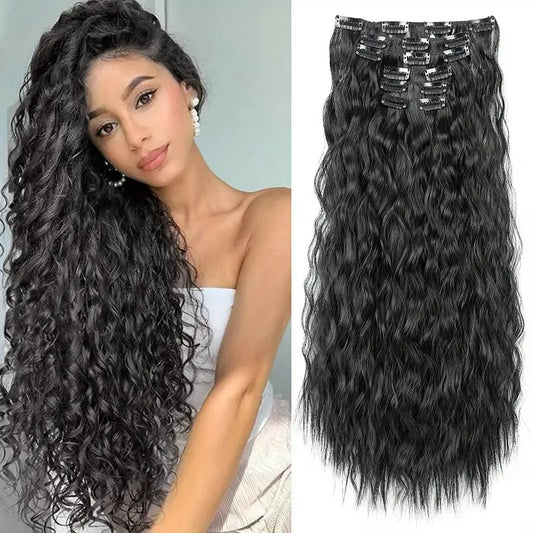 6-Piece Clip-In Long Curly Hair Extensions – Synthetic Fiber Wig Set for Women (About 60cm)