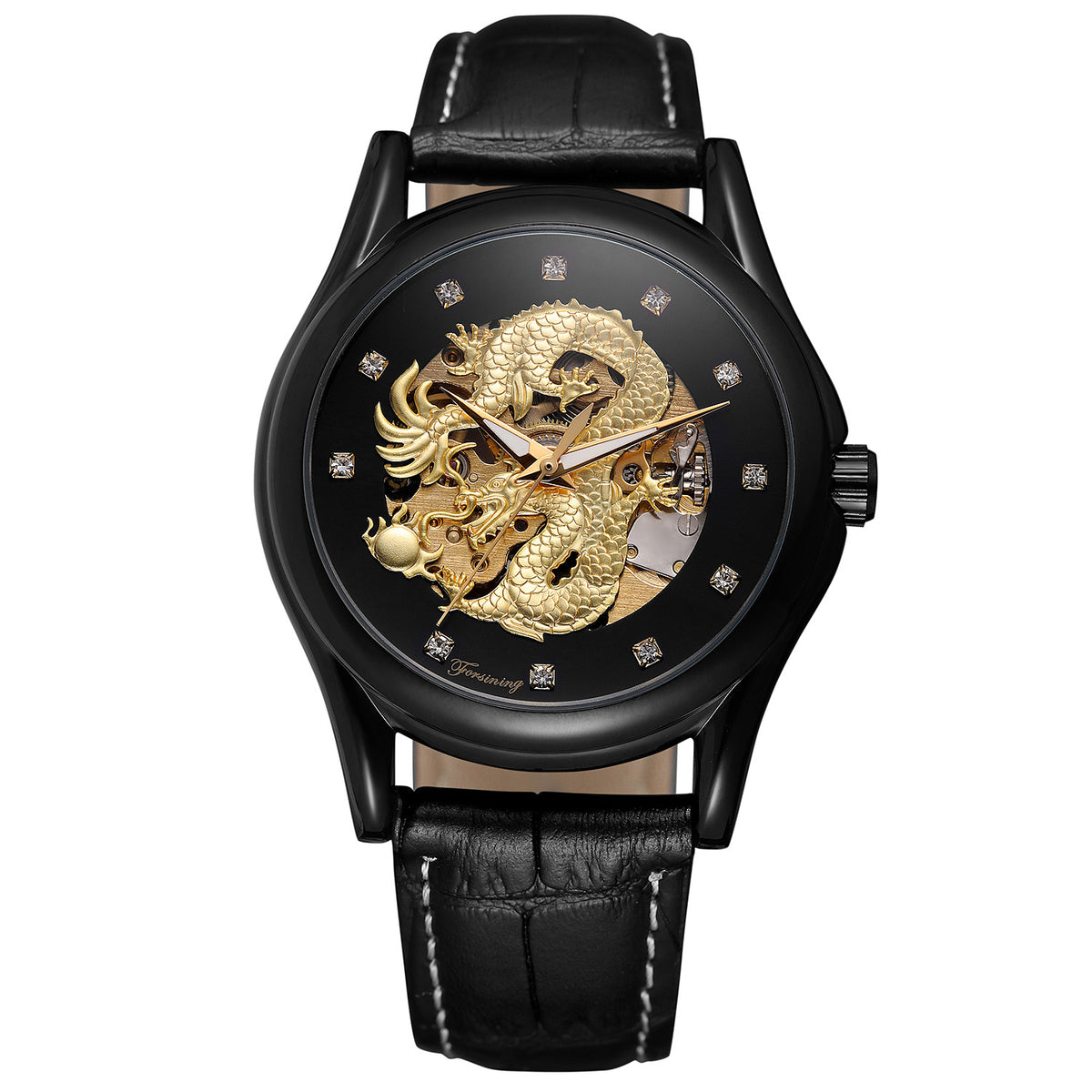 Forsining Men’s Dragon Skeleton Automatic Watch – Mechanical Leather Wristwatch