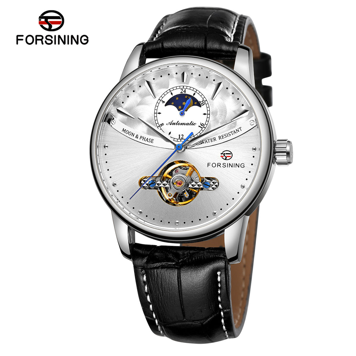 Forsining Men's Automatic Mechanical Watch with Tourbillon & Sun-Moon Dial – Leather Strap