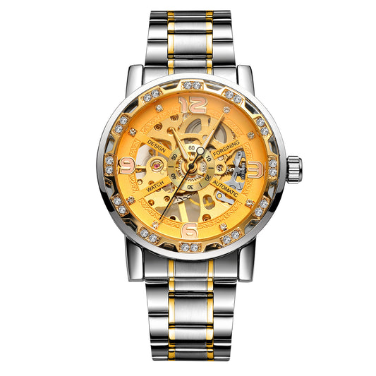 Forsining Men’s Skeleton Mechanical Watch – Hollow Rhinestone Dial with Alloy Strap
