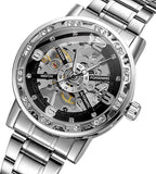 Forsining Men’s Skeleton Mechanical Watch – Hollow Rhinestone Dial with Alloy Strap