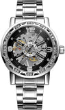 Forsining Men’s Skeleton Mechanical Watch – Hollow Rhinestone Dial with Alloy Strap