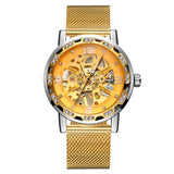 Forsining Men’s Skeleton Mechanical Watch – Rhinestone Dial, Mesh Strap