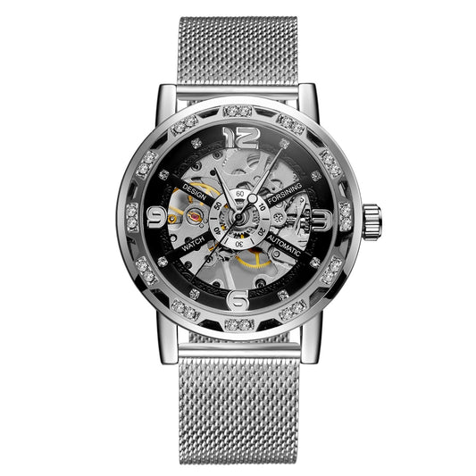 Forsining Men’s Skeleton Mechanical Watch – Rhinestone Dial, Mesh Strap