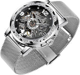 Forsining Men’s Skeleton Mechanical Watch – Rhinestone Dial, Mesh Strap