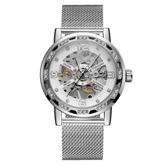 Forsining Men’s Skeleton Mechanical Watch – Rhinestone Dial, Mesh Strap