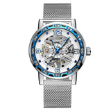 Forsining Men’s Skeleton Mechanical Watch – Rhinestone Dial, Mesh Strap