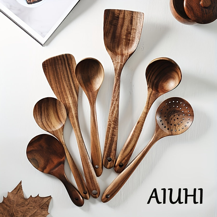 7pcs Natural Teak Wooden Spoons for Cooking  NonStick Spatula Set with Comfortable Grip  Perfect for Back to School Supplies