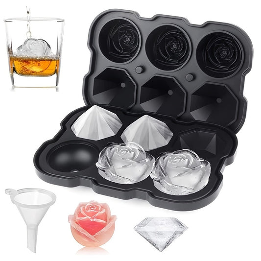 1pc Silicone Ice Cube Tray 1pc Silicone Rose Ice Cube Tray with Covers  3Cavity  Diamond Ball Maker Easy Release Large Ice Forms for Elegant Cocktails Whiskey  Juice Includes Glasses  Funnel