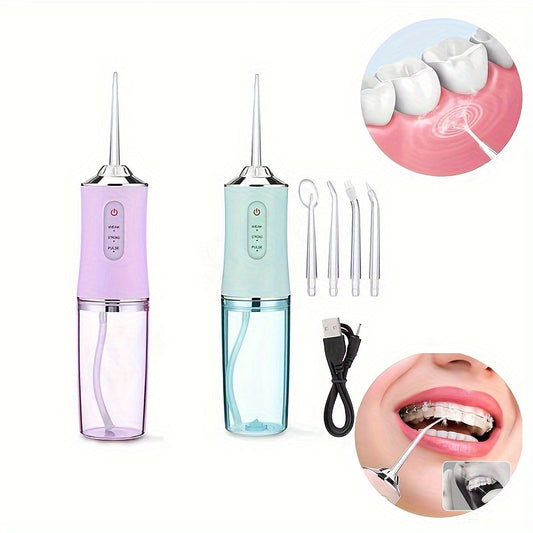 1pc Portable Dental Water Flosser USB Rechargeable Water Jet Floss Tooth Pick 4 Jet Tip 3 Modes Wireless Security Home Electronics Cute Gift 5V Mobile Phone Data Cable USB Socket Power Bank Charging Waterproof