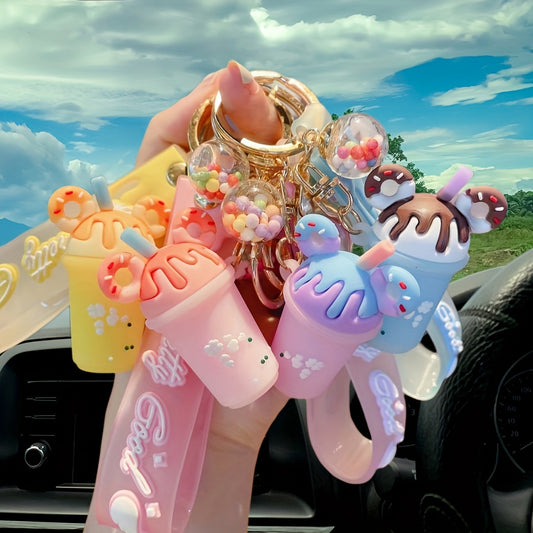 1pc Creative Cute Candy Color Ice Cream Cup Keychain Cartoon Keyring Car Pendant Fashionable Car Ornaments Bag Purse Charm Accessories Gifts