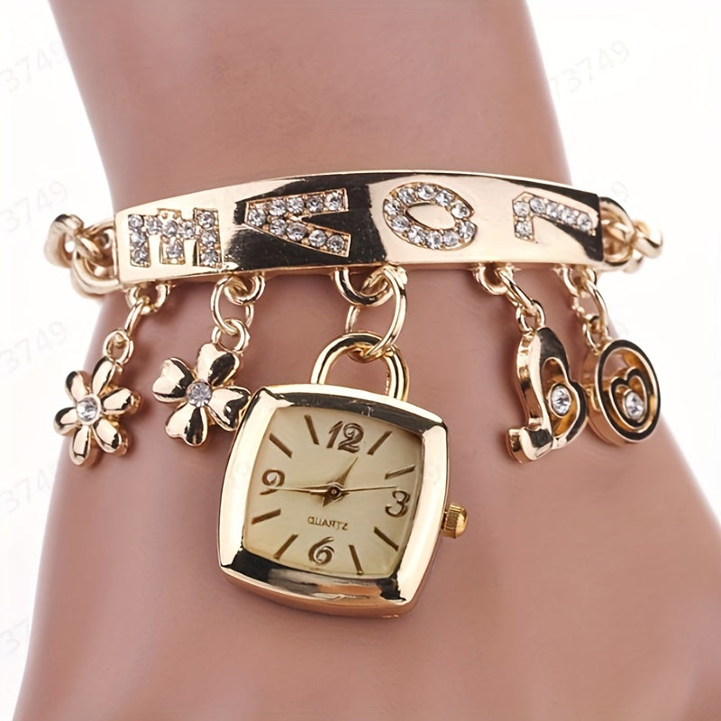 Womens Bracelet Watch LOVE Alphabet Alloy Quartz Watch Flower Decor Tonneau Dress Watch Ladies Exquisite Casual Watch