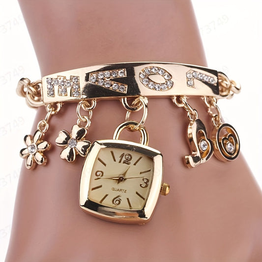 Womens Bracelet Watch LOVE Alphabet Alloy Quartz Watch Flower Decor Tonneau Dress Watch Ladies Exquisite Casual Watch