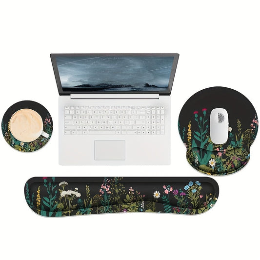 3pcs Ergonomic Keyboard Wrist Rest and Mouse Pad Set with Memory Foam Support  Floral Design Desk Accessories for Computer Laptop  Comfortable Black Flower Mousepad Wrist Support Combo