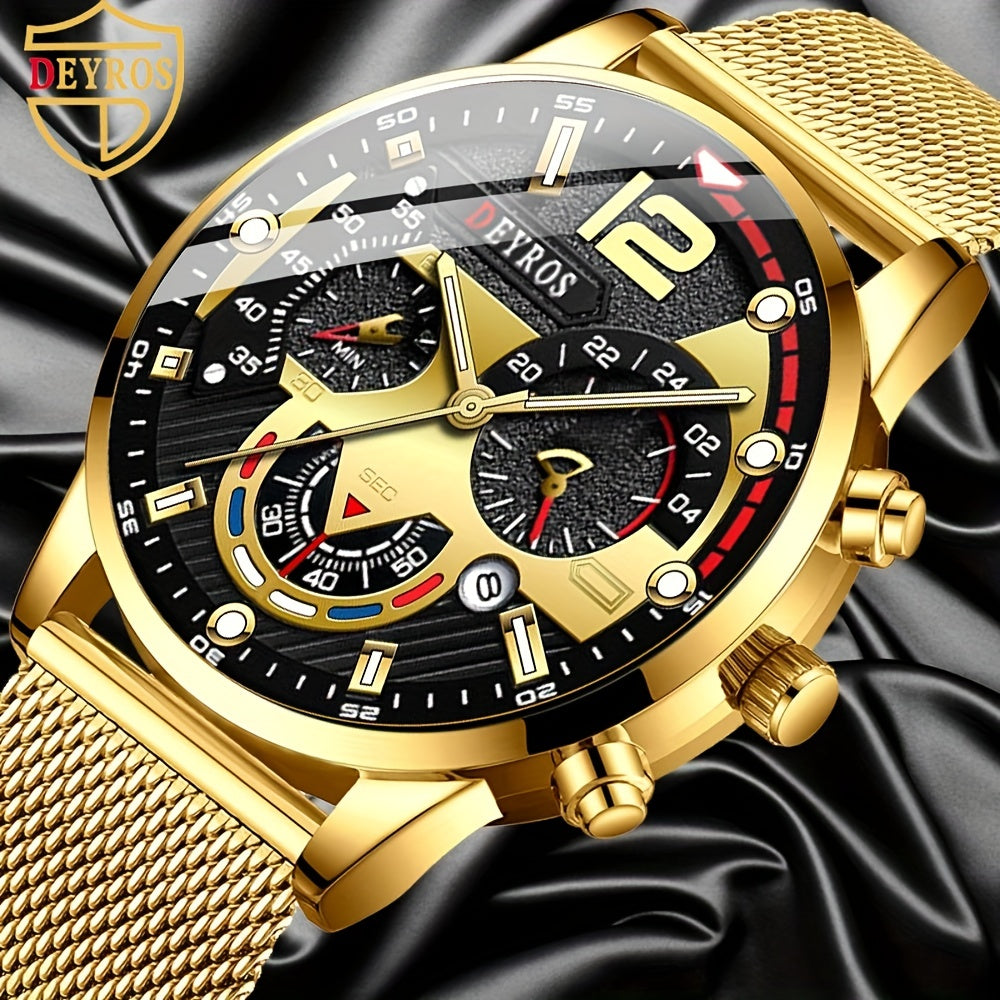 DEYROS Mens Calendar Watch Fashion Business Mesh Strap Quartz Watch Mens Watch