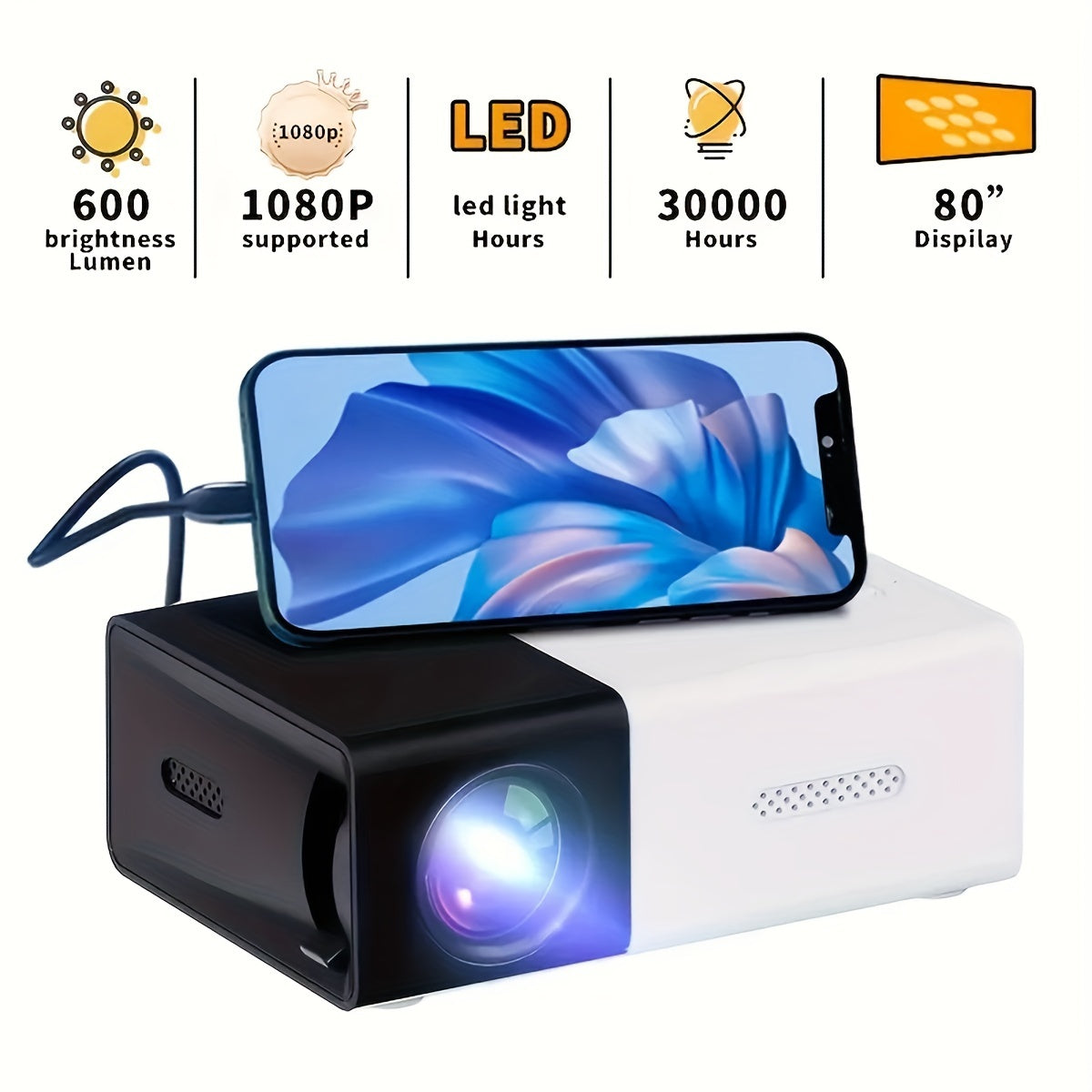 Portable Mini Home Theater Projector  HD Cinema Experience with Smartphone Wired Screen Sharing Compact Design and Easy Setup for Indoor and Outdoor Use