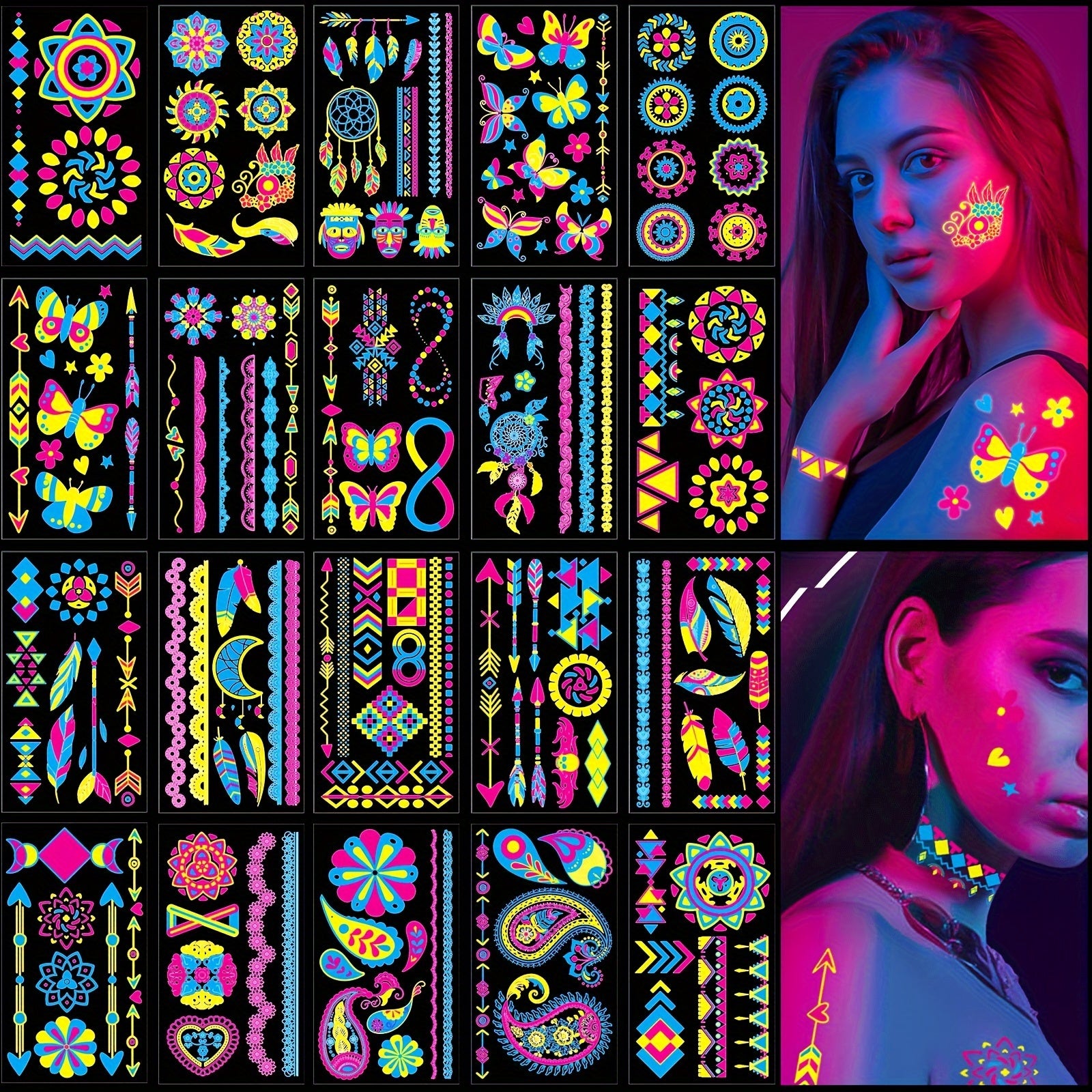 20 Sheets Temporary Tattoo Stickers Fluorescent Party Neon Light Accessories Waterproof Tattoo Party Holiday Decorations For Music Festival