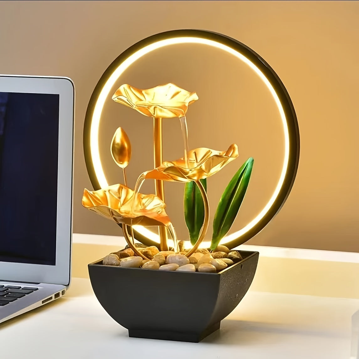 Mini USB Powered Tabletop Fountain with Natural Rocks LED Ring Lights and Soothing Water Sounds  Perfect for Home and Office Decor Holiday Gifts and Relaxation