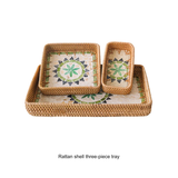 Natural Rattan Shell Tray Set - 3-Piece Square Fruit & Snack Storage