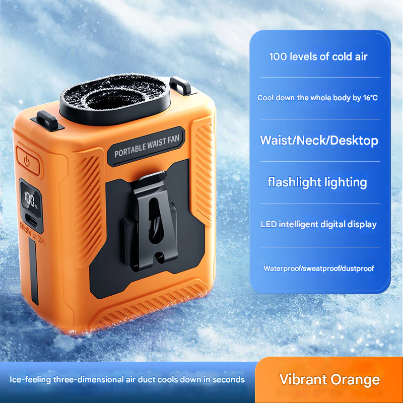 USB Rechargeable Waist Fan – Bladeless, High-Speed, 100-Gear Cooling Device