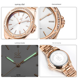 SK Women’s Diamond Quartz Watch – Stainless Steel Strap, Round Dial, 30M Waterproof