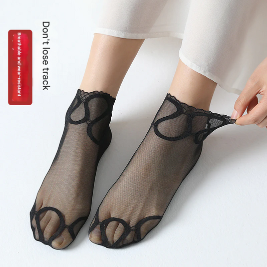 Women’s Lace Boat Socks – Breathable Floral Mesh Cotton Anklets, Invisible & Anti-Friction