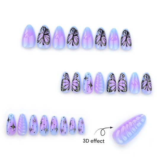 Glossy Purple Almond Press-On Nails with 3D Butterfly & Star Design