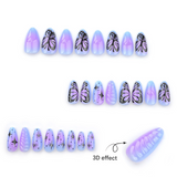 Glossy Purple Almond Press-On Nails with 3D Butterfly & Star Design