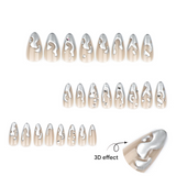 Chrome Almond Press-On Nails with 3D Silver Rhinestones – Long Glue-On Nail Art