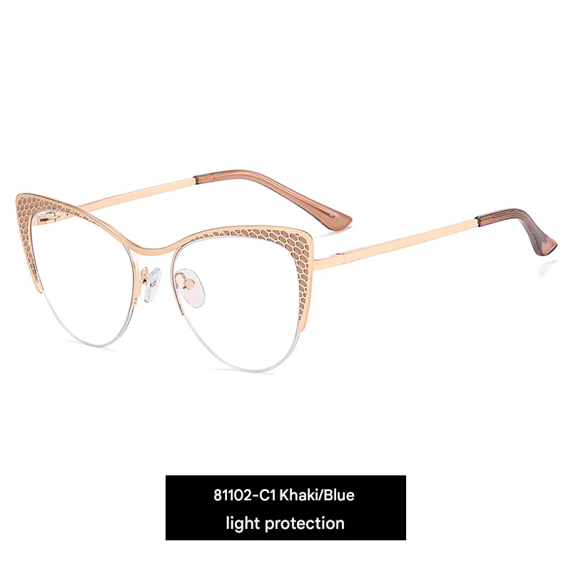 Women’s Cat Eye Half Frame Glasses – Anti-Blue Light Metal Eyewear | Myopia-Ready